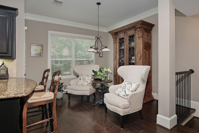 75 Colonial Row Dr, The Woodlands, TX 77380 - dining space with a chandelier, visible vents, dark wood-style floors, and ornamental molding