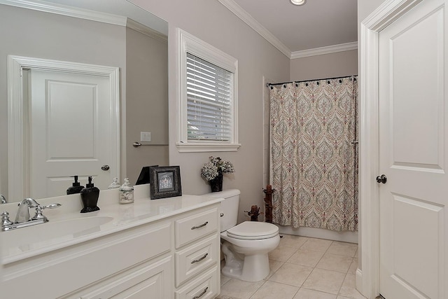 75 Colonial Row Dr, The Woodlands, TX 77380 - full bathroom featuring crown molding, tile patterned flooring, vanity, and toilet