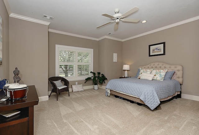 75 Colonial Row Dr, The Woodlands, TX 77380 - bedroom with visible vents, light carpet, baseboards, and crown molding