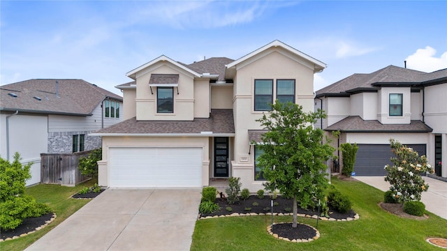 view of front of home featuring an attached garage, a front yard, stucco siding, and driveway