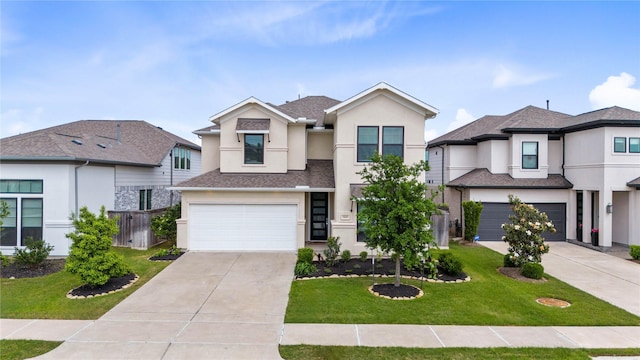 traditional-style house with stucco siding, driveway, a front yard, and a garage