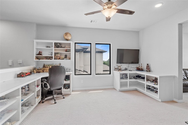 carpeted home office with ceiling fan, baseboards, visible vents, and recessed lighting