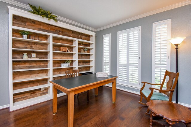 home office with baseboards, crown molding, and wood finished floors