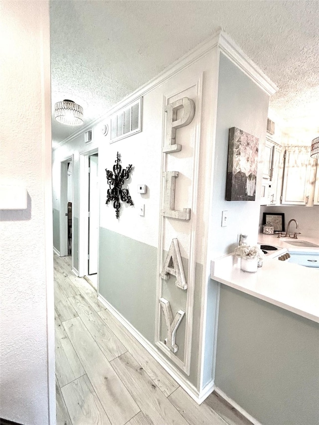 hallway with a textured ceiling, crown molding, and a sink