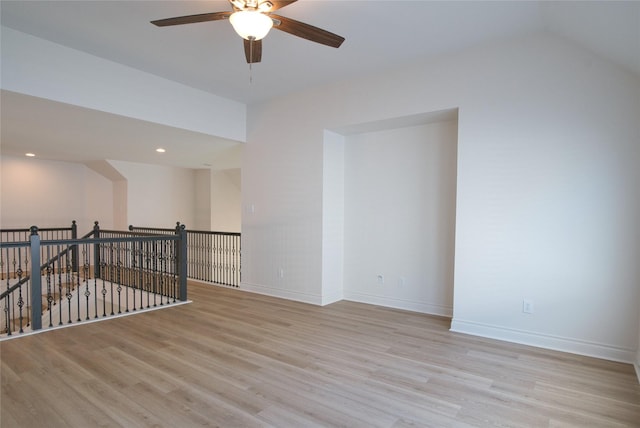 unfurnished room featuring recessed lighting, ceiling fan, baseboards, and light wood-style floors