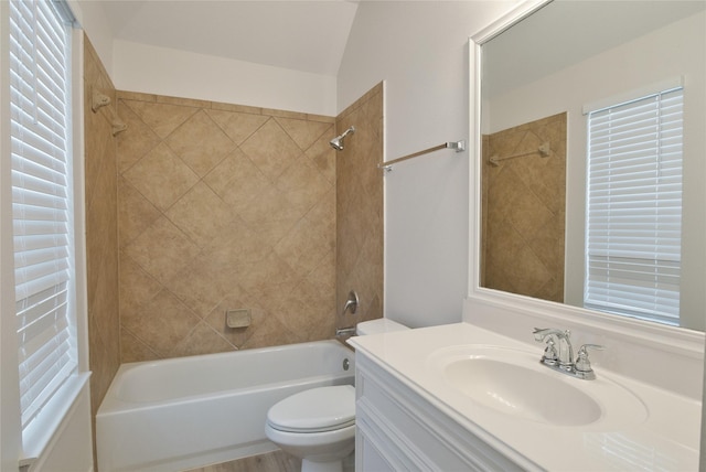 full bath featuring washtub / shower combination, toilet, and vanity
