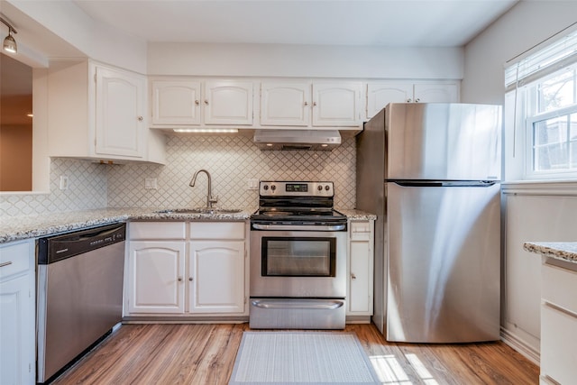 kitchen featuring stainless steel appliances, a sink, tasteful backsplash, light stone countertops, and under cabinet range hood