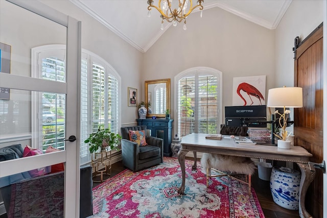 home office featuring a chandelier, high vaulted ceiling, wood finished floors, and crown molding
