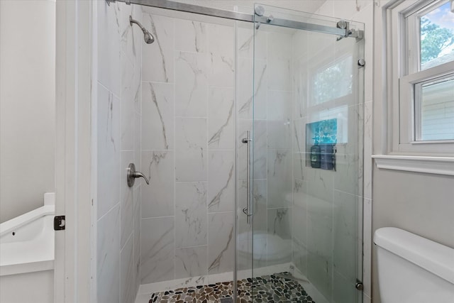 bathroom with toilet and a marble finish shower