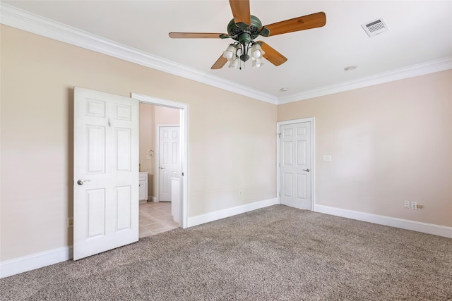 108 Harbour Town Cir, Conroe, TX 77356 - unfurnished bedroom featuring baseboards, visible vents, ceiling fan, crown molding, and carpet floors
