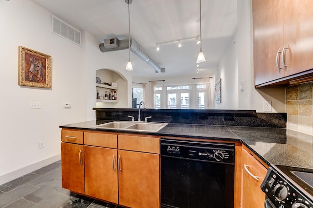 kitchen with brown cabinets, range with electric cooktop, visible vents, a sink, and black dishwasher