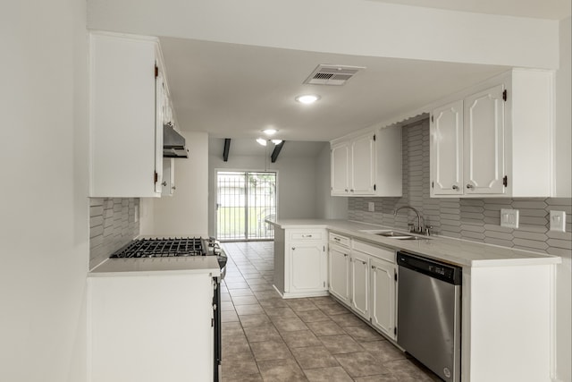 4206 Oak Shadows Dr, Houston, TX 77091 - kitchen with white cabinets, dishwasher, visible vents, a sink, and decorative backsplash