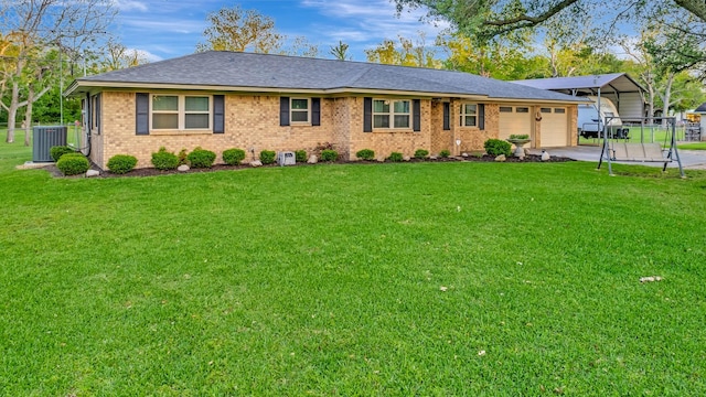 single story home with fence, central air condition unit, brick siding, a front yard, and a garage