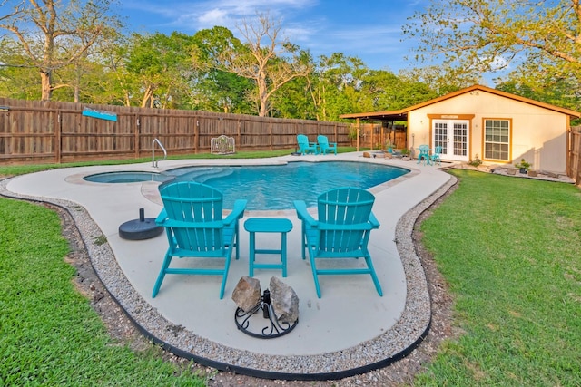 view of swimming pool with french doors, a fenced in pool, a fenced backyard, a patio area, and a lawn