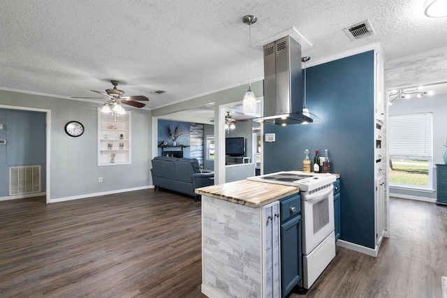 kitchen featuring white electric range oven, ceiling fan, exhaust hood, blue cabinetry, and visible vents