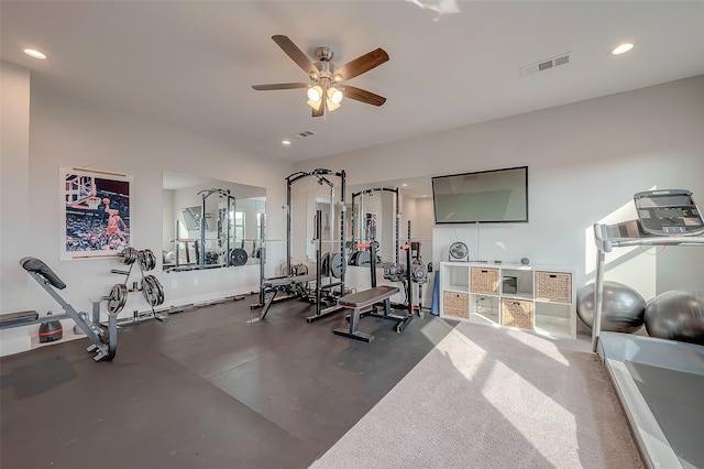 2418 Huldy St Unit B, Houston, TX 77019 - workout room featuring a ceiling fan and recessed lighting