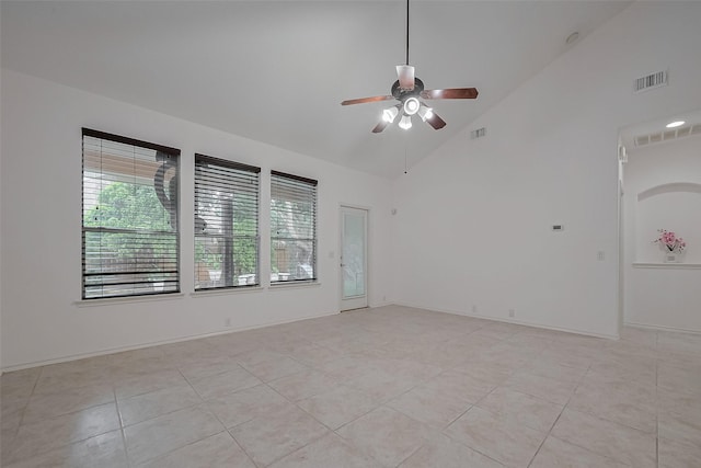 24543 Carlton Springs Ln, Katy, TX 77494 - spare room featuring a ceiling fan, light tile patterned flooring, and high vaulted ceiling