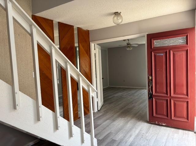 2332 Woodland Park Dr Unit 11, Houston, TX 77077 - entrance foyer with light wood-type flooring, a ceiling fan, baseboards, and a textured ceiling