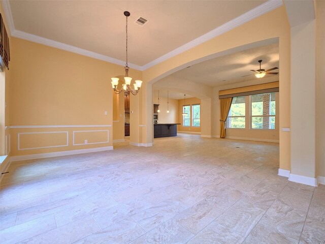 21315 Whistle Wood Dr, Richmond, TX 77406 - empty room with crown molding, ceiling fan with notable chandelier, arched walkways, baseboards, and visible vents
