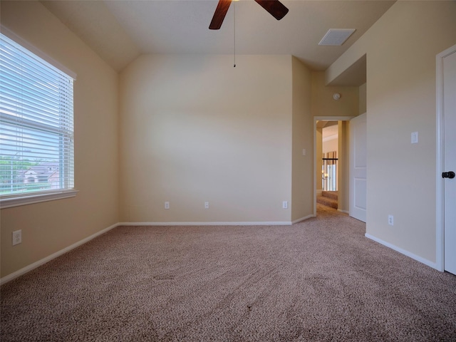 21315 Whistle Wood Dr, Richmond, TX 77406 - empty room with vaulted ceiling, baseboards, visible vents, ceiling fan, and carpet floors