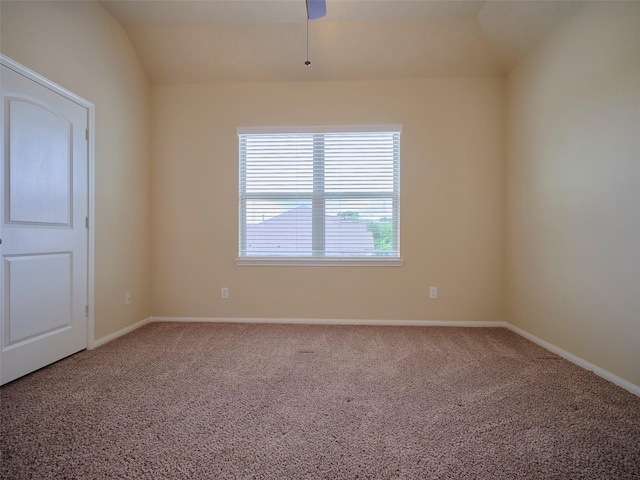 21315 Whistle Wood Dr, Richmond, TX 77406 - empty room featuring vaulted ceiling, carpet floors, a ceiling fan, and baseboards