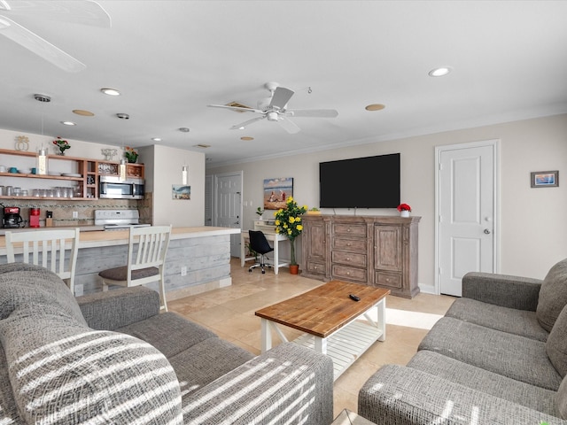 living room with a ceiling fan, light tile patterned flooring, recessed lighting, and crown molding