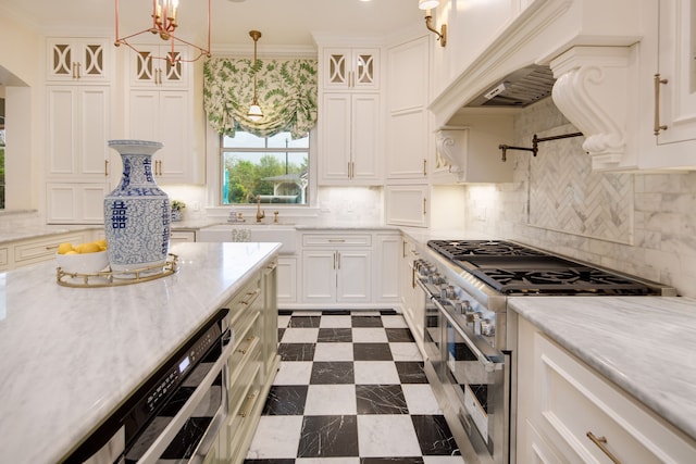 kitchen featuring glass insert cabinets, custom exhaust hood, white cabinetry, and double oven range