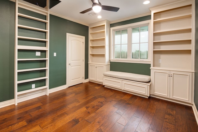 interior space featuring recessed lighting, dark wood finished floors, crown molding, baseboards, and ceiling fan