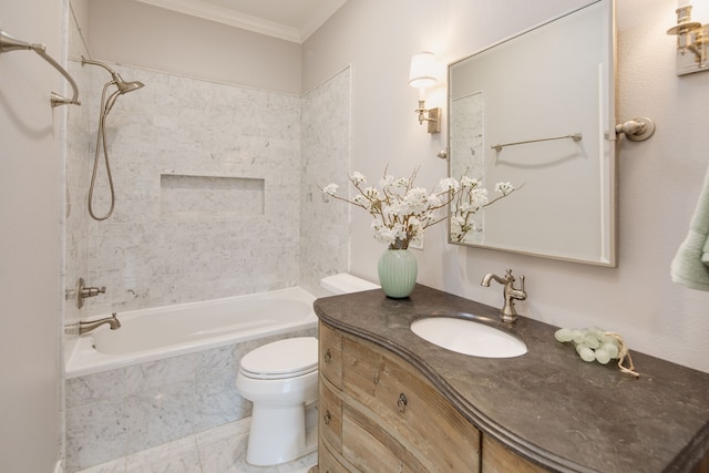 full bath with shower / washtub combination, vanity, ornamental molding, and toilet