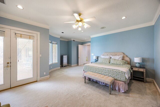 13602 Copeland Oaks Blvd, Cypress, TX 77429 - bedroom featuring french doors, carpet, access to outside, recessed lighting, and crown molding