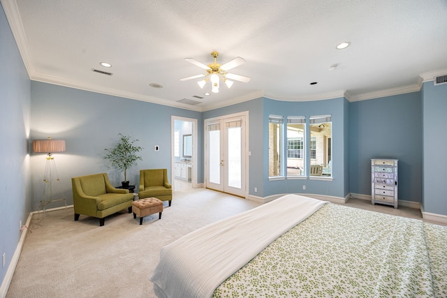 carpeted bedroom with recessed lighting, visible vents, access to exterior, french doors, and baseboards