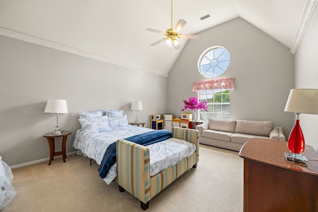 bedroom with lofted ceiling, a ceiling fan, visible vents, and light colored carpet