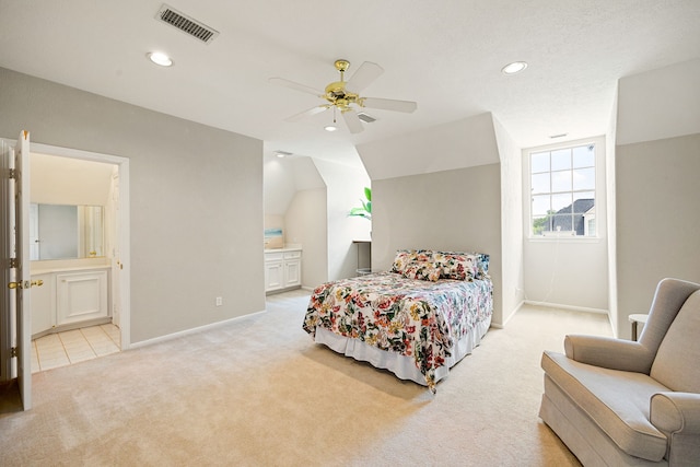 bedroom featuring baseboards, visible vents, carpet, recessed lighting, and connected bathroom