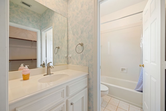 full bathroom featuring wallpapered walls, tile patterned floors, visible vents, toilet, and vanity