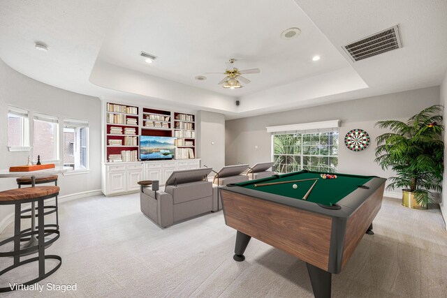 13602 Copeland Oaks Blvd, Cypress, TX 77429 - game room featuring a tray ceiling, light colored carpet, ceiling fan, healthy amount of natural light, and recessed lighting