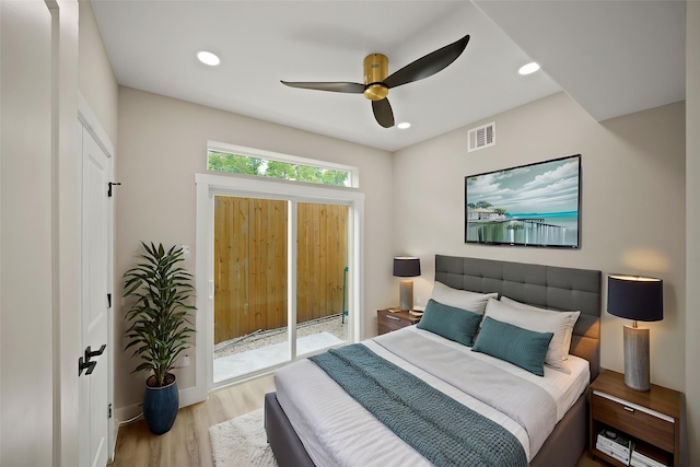 bedroom with a ceiling fan, light wood-style flooring, baseboards, visible vents, and recessed lighting