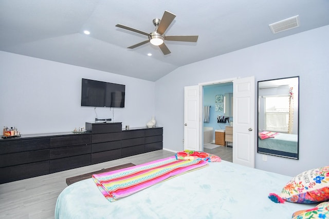 bedroom with a ceiling fan, light wood-style floors, lofted ceiling, visible vents, and recessed lighting