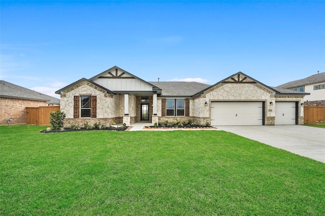 craftsman-style house featuring fence, an attached garage, driveway, stone siding, and a front yard
