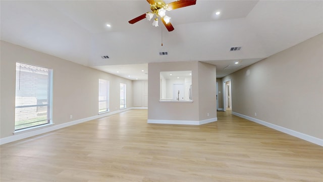 7126 Rio Blanco Dr, Houston, TX 77083 - unfurnished living room with baseboards, visible vents, light wood-style floors, and ceiling fan