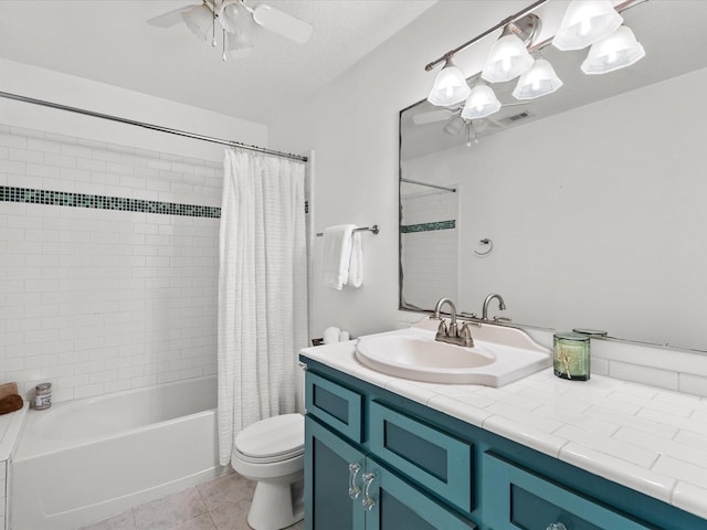 bathroom featuring ceiling fan, shower / bath combo with shower curtain, toilet, tile patterned floors, and vanity