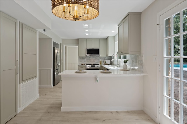 kitchen with light wood-type flooring, a sink, appliances with stainless steel finishes, backsplash, and a notable chandelier