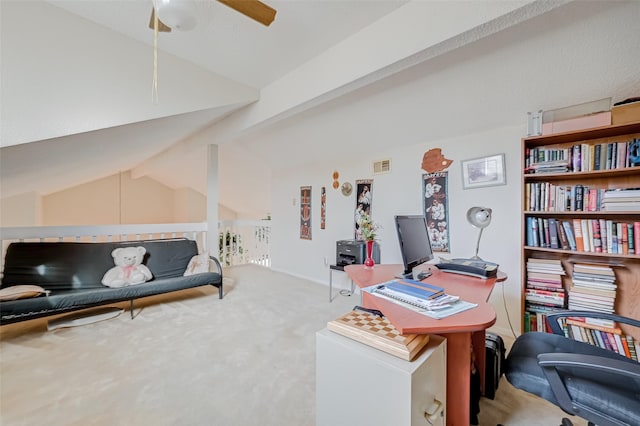 office with carpet flooring, vaulted ceiling with beams, ceiling fan, and visible vents