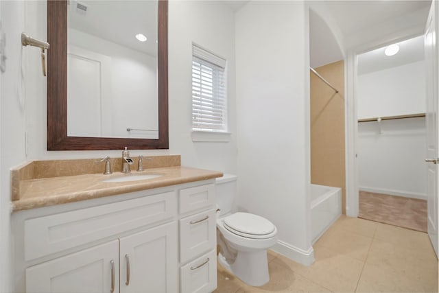 bathroom with visible vents, tile patterned flooring, vanity, toilet, and shower / bathtub combination