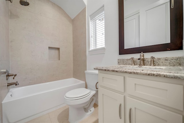bathroom with vanity, toilet, shower / tub combination, tile patterned floors, and vaulted ceiling