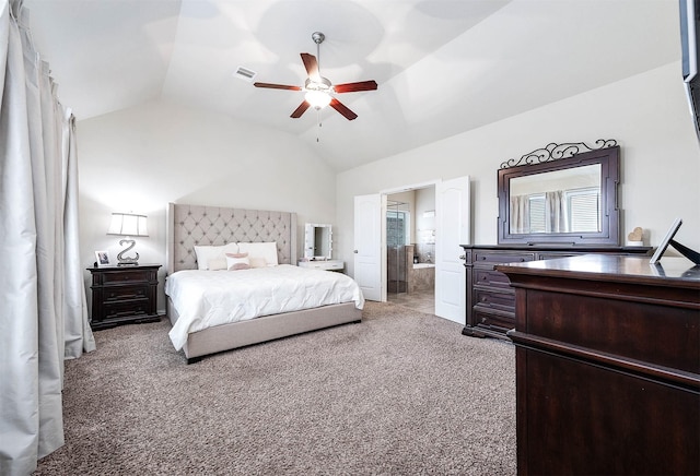 3901 Penny Ln, Deer Park, TX 77536 - bedroom featuring lofted ceiling, carpet floors, ensuite bathroom, and ceiling fan