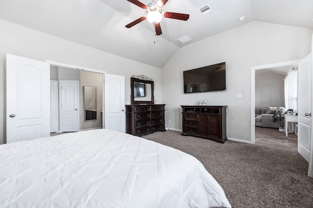 3901 Penny Ln, Deer Park, TX 77536 - carpeted bedroom featuring lofted ceiling, ceiling fan, and baseboards