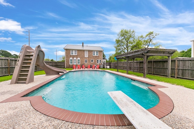 view of pool featuring a pergola, a fenced in pool, a water slide, and a fenced backyard