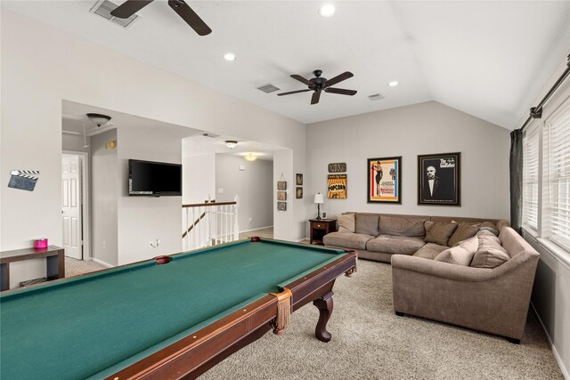 1509 Shamrock Ln, Deer Park, TX 77536 - recreation room featuring a ceiling fan, light carpet, vaulted ceiling, pool table, and recessed lighting