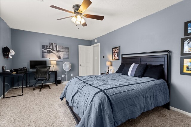 1509 Shamrock Ln, Deer Park, TX 77536 - bedroom featuring carpet flooring, baseboards, an office area, and a ceiling fan