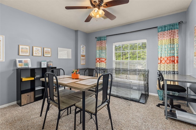 1509 Shamrock Ln, Deer Park, TX 77536 - dining space with light colored carpet, ceiling fan, baseboards, and an office area
